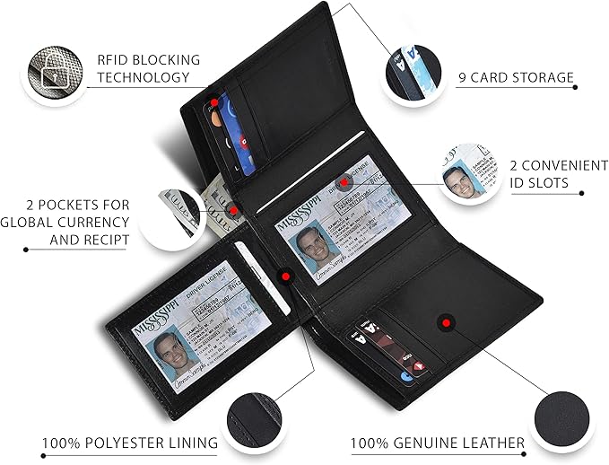 Real Leather Mens Trifold Wallet RFID Blocking Slim Minimalist Front Pocket - Thin & Stylish with ID Window in Gift Box