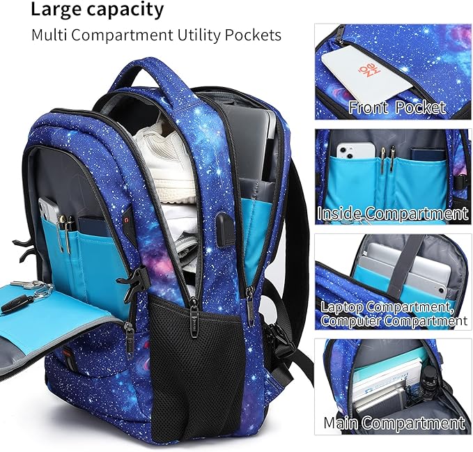 DUSLANG 17 Inch Travel Laptop Backpack Water Resistant College Backpack for Men Laptop Bag with USB Charging Port,Sky Blue