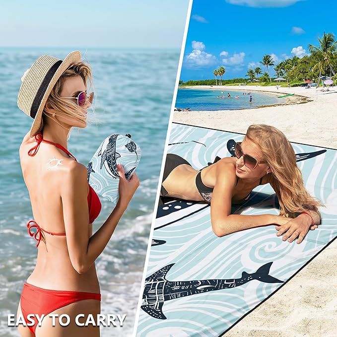 Beach Blanket Waterproof Sandproof Beach Mat 79”x 83” for 1-8 Adults Quick Drying Durable Outdoor Picnic Mat for Beach Festival Travel Camping Hiking (Shark, 79"×83"(4 Person))