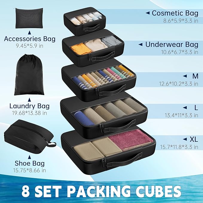 8 Set Packing Cubes for Travel,Luggage Organizers for Travel Accessories