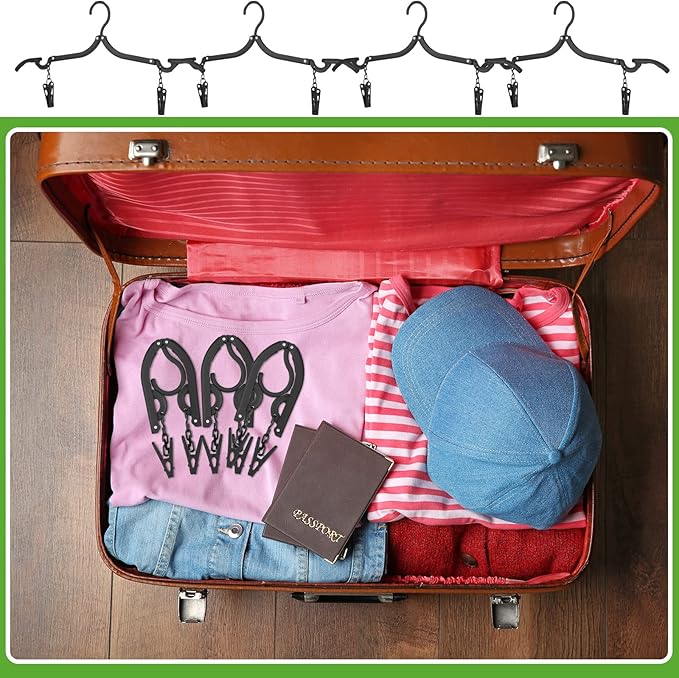 Folding Travel Hangers Foldable with Clips Folding Clothes Hangers Portable Foldable Hangers Collapsible Coat Hanger Travel Drying Rack for Clothes (Black, 12 Pieces)