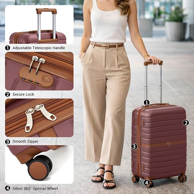 Kono Expandable 24 Inch Luggage with Spinner Wheels, Medium Checked Luggage with Lock, Lightweight & Anti-Scratch PC+ABS Hardshell Travel Suitcase, Burgundy/Brown