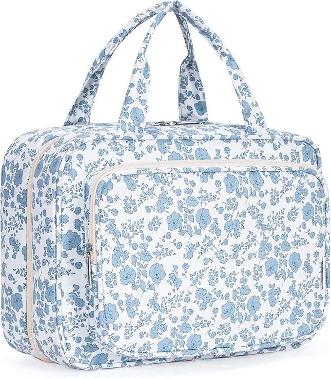 Narwey Travel Toiletry Bag for Women Large Hanging Makeup Bag Organizer Toiletries Bag for Full Size Essentials Accessories Cosmetics (Blue Flower (Large))