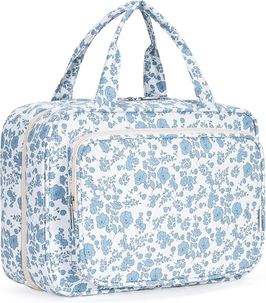 Narwey Travel Toiletry Bag for Women Large Hanging Makeup Bag Organizer Toiletries Bag for Full Size Essentials Accessories Cosmetics (Blue Flower (Large))
