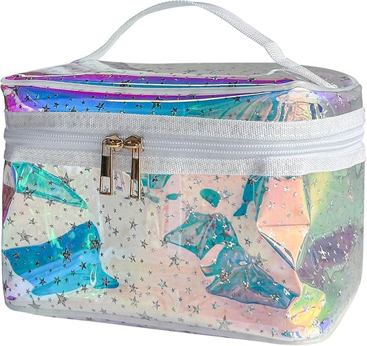 Waterproof Blue Star Print PVC Makeup Bag with Handle - 8.66 * 5.51 * 5.51 inch Travel Cosmetic Organizer for Women Men Toiletry Pouch (Blue Star-L)