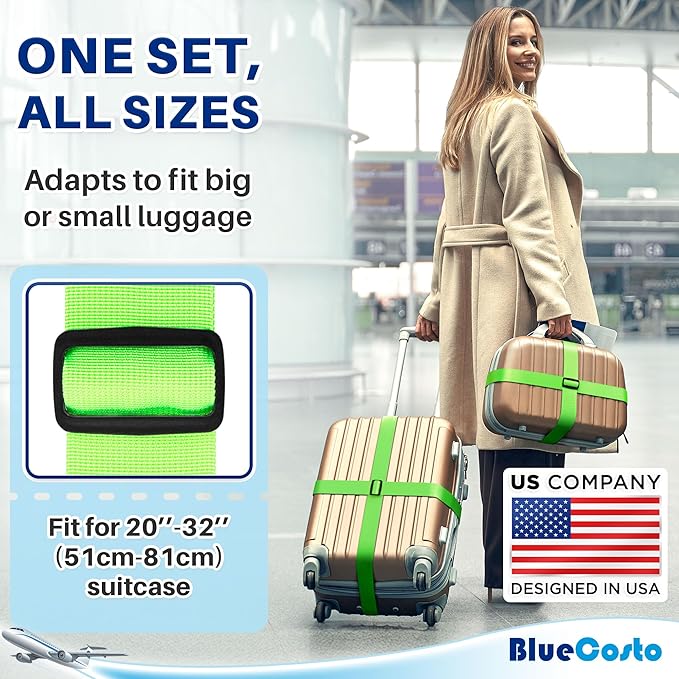 Luggage Straps for Suitcases - TSA Approved - Green, 4 PK - Premium Nylon Belts for Suitcase, Briefcase & Travel Bag - Adjustable Strap Length 46" - 78"