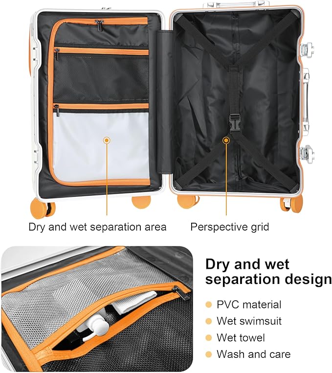 Carry on suitcase Zipperless Luggage,Polycarbonate Aluminum Hard Shell, Expandable Carry-On Suitcase with Spinner Wheels (orange, 20 inch)