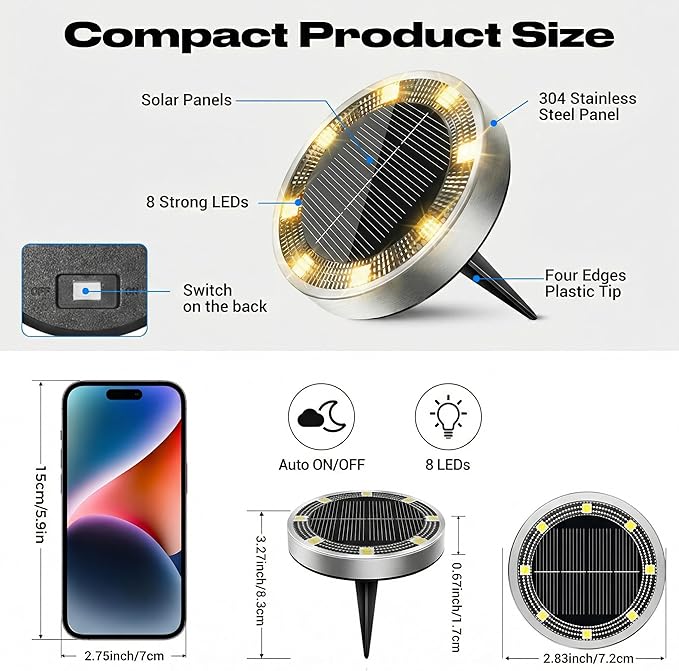 Solar Lights Outdoor Waterproof -12 Pack Solar Ground Lights Anti-Rust, Flat Solar Powered Disc Lights Landscape Lighting for Deck Step Patio Yard Pathway Walkway Driveway Garden, Warm White