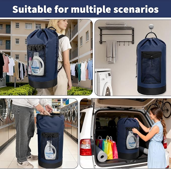 150L Laundry Bag Backpack with 3 Sizes Mesh Wash Bags and Shoulder Straps Foldable Clothes Hamper Bag with Drawstring Closure for College, Apartment, Laundromat (Navy)