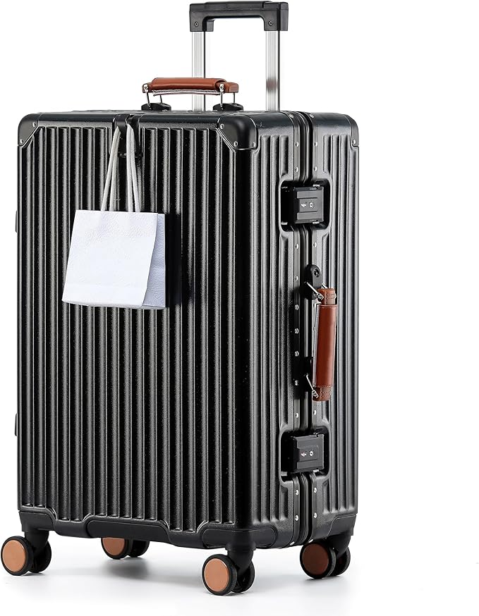 20 Inch Carry On Luggage with Leather Handle, PC Zipperless Suitcase with Spinner Wheels and TSA Locks, 22x14x9 Airline Approved Luggage for Travel, Black