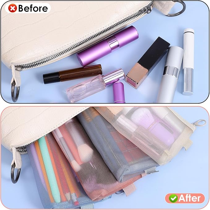 4 PCS Mesh Makeup Brush Bag, 4 Colors Small Makeup Pouch Portable Nylon Mesh Zipper Pouch Bags Multifunctional Clear Bags Stationery Storage Bag for Travel Office Home Accessories