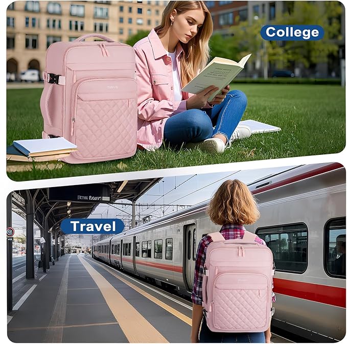MOSISO Travel Backpack for Women Men, 15-15.6 inch Rhombus Quilted Laptop Backpack Flight Approved with Packing Cubes, 16 inch Carry on Daypack with USB Port for College Work Business, Pink