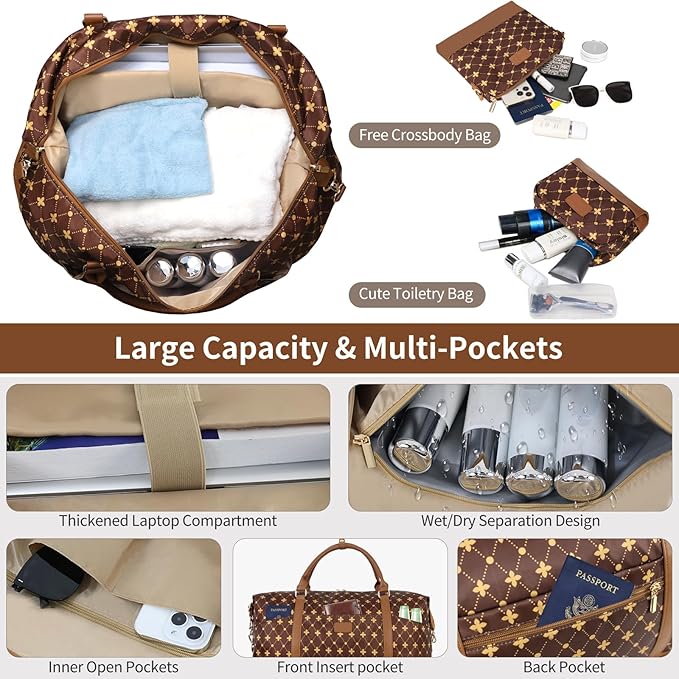 Weekender Bag, Large Travel Duffel Bag for Women, Carry on Overnight Bag with Shoe Compartment and Toiletry Bags