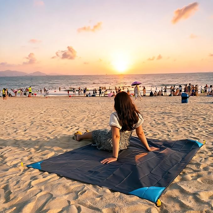 Pocket Blanket 71"x55", Lightweight Compact Sandproof Waterproof Outdoor Blanket for Beach, Hiking, Camping, Travel, Festivals, Picnic with Pockets, Loops, Stakes, Carabiner