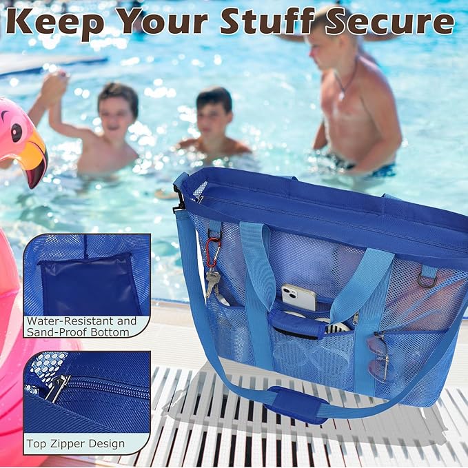 Fammart Mesh Beach Bag, Large Beach Tote with Zipper Pocket, Toys Pool Bag for Family Travel Vacation Cruise Essentials