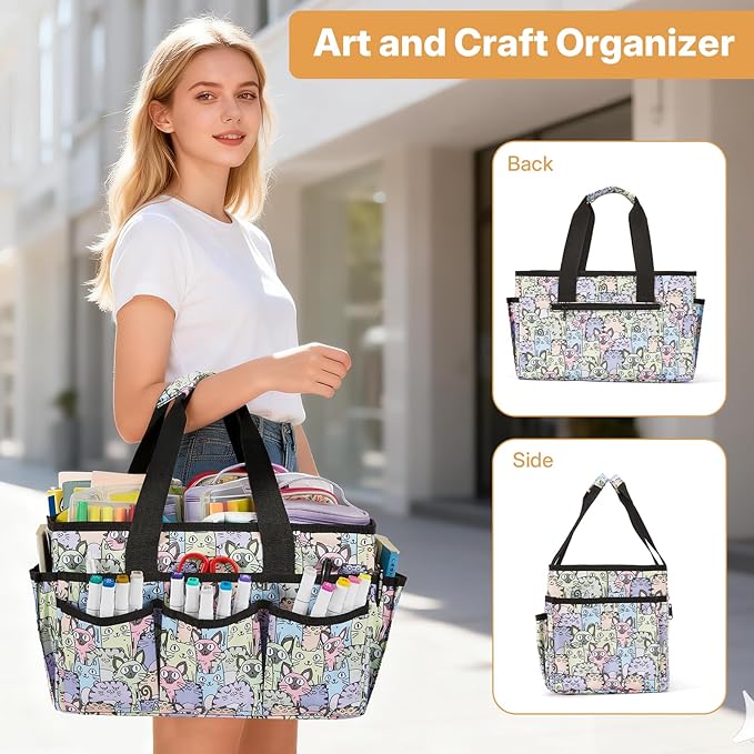 Craft Organizer Tote Bag, Art Organizer, Craft Caddy with Multiple Pockets, Storage Bag for Sewing Tools, Art Supplies, Home and Office (Cat Print)