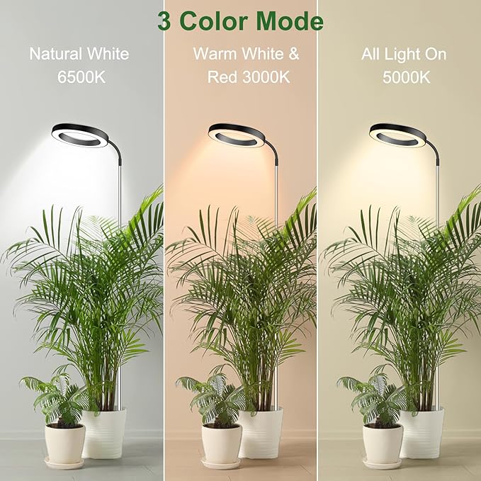 Grow Lights for Indoor Plants Full Spectrum, 80 LEDs Grow Light | 65in Plant Lights for Indoor Growing with 360°Gooseneck, 6/12/16H Timer,5 Brightness,3 lights,Height Adjustable,Black Pair