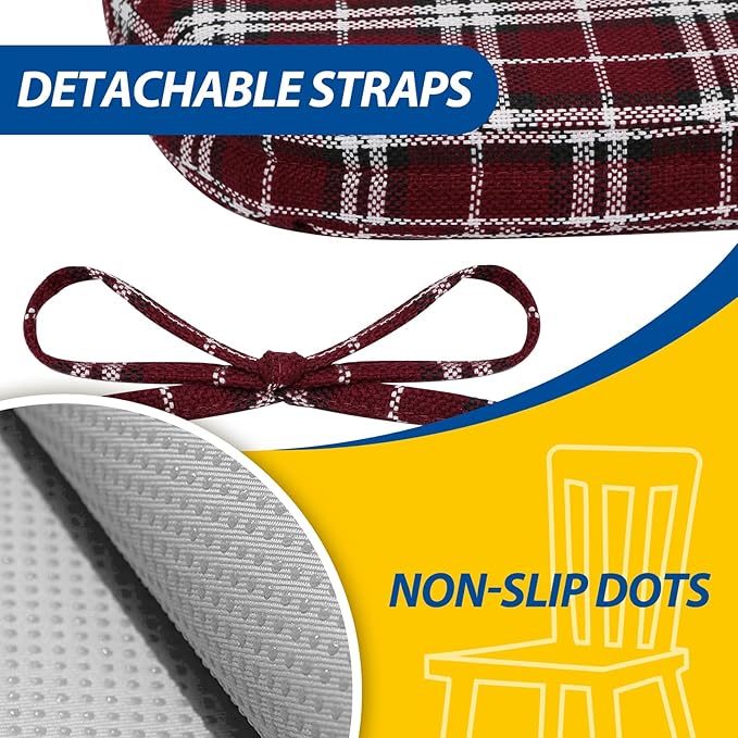 AAAAAcessories D-Shaped Chair Cushions, 2" Thick Dining Chair Pads with Ties and Removable, Machine-Washable Cover, 17" x 16", Set of 2, Red Checkered