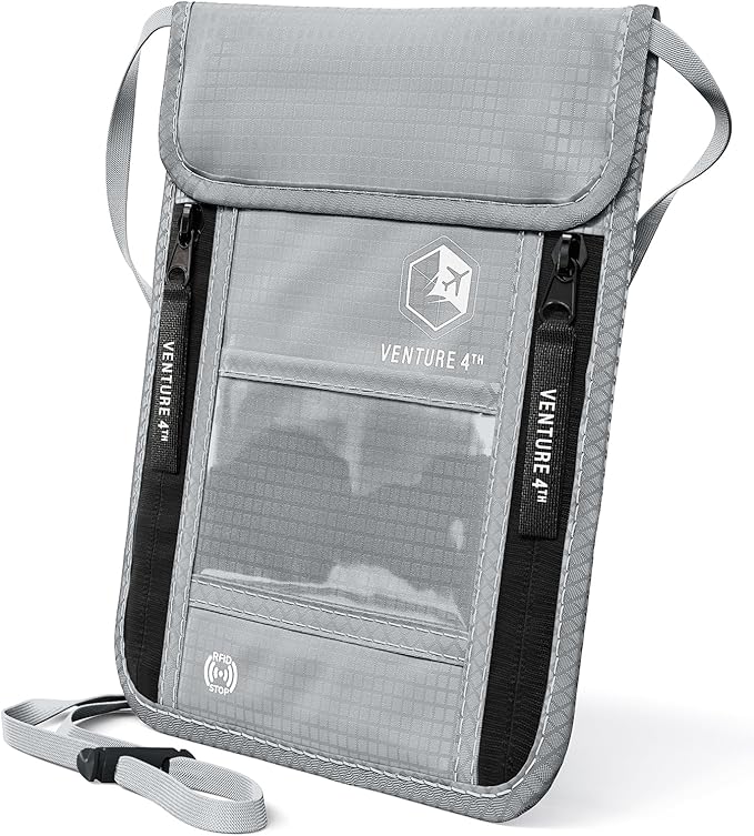 VENTURE 4TH Neck Wallet for Women & Men – RFID Blocking Passport Holder for Travel, Hidden Neck Pouch with 6 Compartments, Slim Lightweight Travel Organizer with Adjustable Strap (Silver)