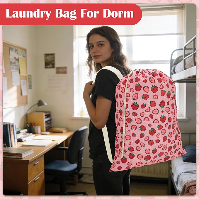 Canvas Laundry Bag with shoulder Strap 24"W x 29"H, Large Drawstring Dirty Clothes Bag Washable Laundry Sack for College Dorm, Travel, Home, Camp (Strawberry)