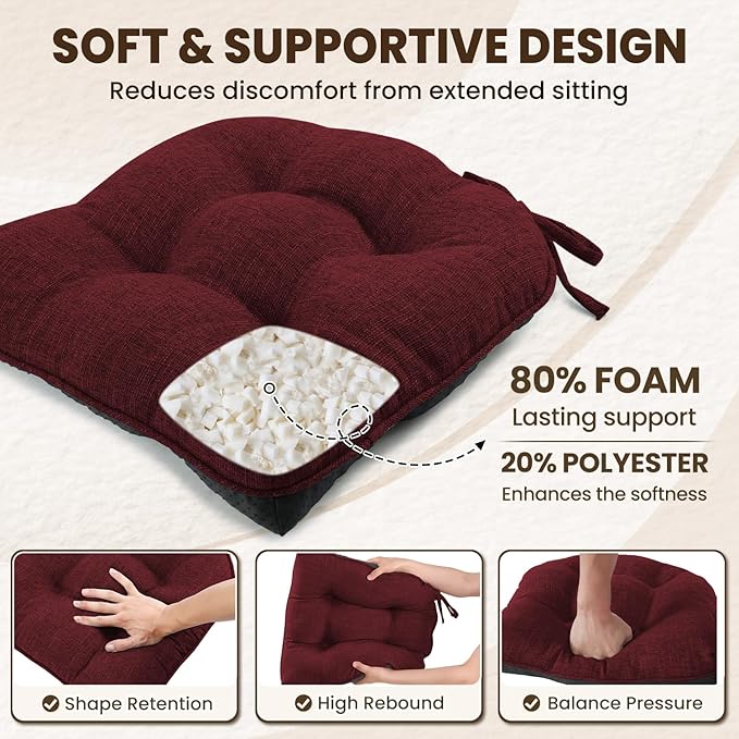 downluxe Indoor Chair Cushions for Dining Chairs, Tufted Overstuffed Textured Kitchen Chair Pads with Ties and Non-Slip Backing, 15.5" x 15.5" x 4", Burgundy, 6 Pack