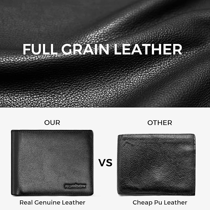 RUNBOX Leather Wallet for Men, Genuine Leather Mens Wallet Bifold Rfid Blocking with 12 Cards and 2 ID Windows, Minimalist Wallet for Men with Gift Box