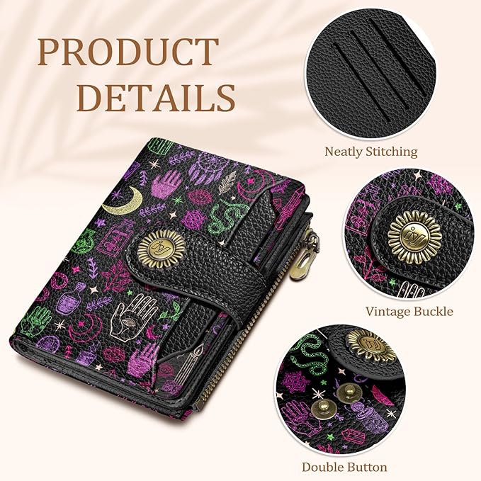 Icycay Goth Gothic Small Wallet Women RFID Blocking Bifold, Credit Card Holder, Zipper Coin Pocket, PU Leather, Magic Witchy, Compact, Travel, 4 ID Window, 14 Card Slots, Cash Purse, Ladies Woman