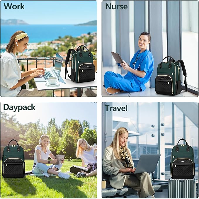 Laptop Backpack for Women Work Bag - 15.6 inch Travel Backpack with USB Charger College Bookbag Waterproof Business Computer Backpack Anti-theft Casual Backpacks for Nurse Teacher Black Green