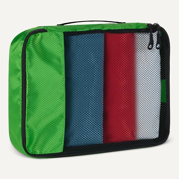 Amazon Essentials 4-Piece Packing Cubes Travel Accessories Set, Luggage Organizer with Double Zipper, Mesh Top, Space-Saving for Suitcases, Small/Medium/Large/Slim, Green (Previously Amazon Basics)