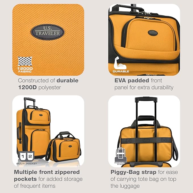 U.S. Traveler Rio Lightweight Softside Rolling Carry-on Suitcase, 2-Wheel Set, Orange