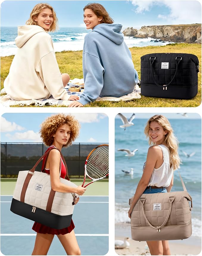 LOVEVOOK Travel Duffel Bag - Versatile Weekender Bag for Women, Puffer Carry On & Overnight Bag for Short Trips, Black/White/Brown