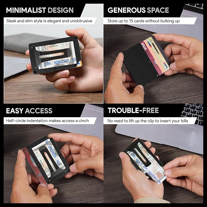 Minimalist Carbon Fiber Wallet for Men, Money Clip Cash Strap Wallet, RFID Blocking Metal Wallet Aluminum Card Holder,Front Pocket Wallet(Matt Black)