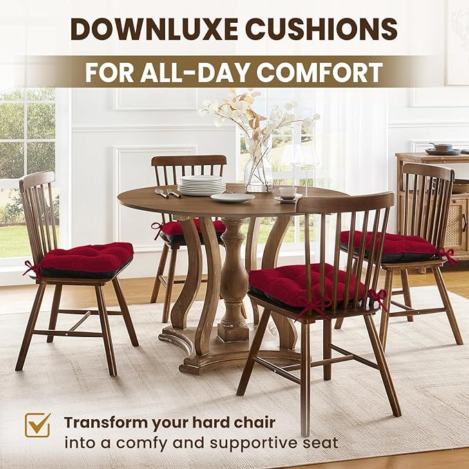 downluxe Indoor Chair Cushions for Dining Chairs, Tufted Overstuffed Textured Kitchen Chair Pads with Ties and Non-Slip Backing, 15.5" x 15.5" x 4", Red, 4 Pack