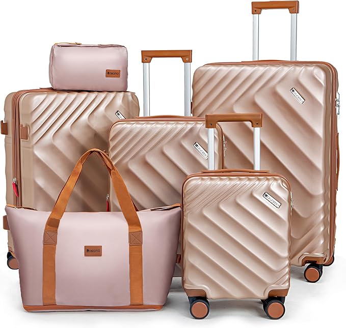 6 piece Luggage Set Expandable Suitcase 22x14x9 Airline Approved Carry on, ABS Hard Case Suitcases with Spinner Wheels, TSA Lock, (Pink)