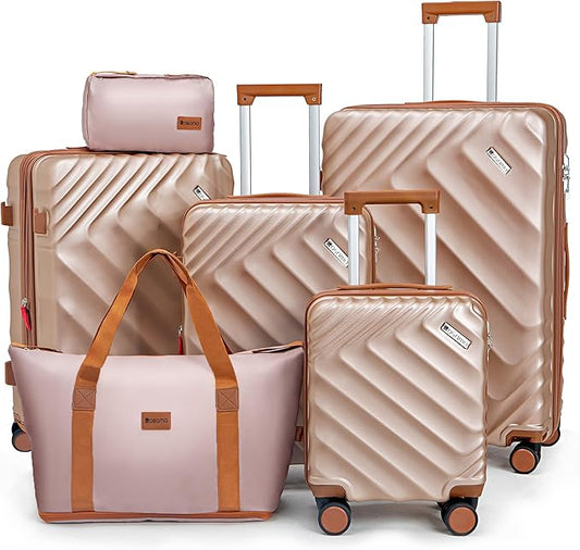 6 piece Luggage Set Expandable Suitcase 22x14x9 Airline Approved Carry on, ABS Hard Case Suitcases with Spinner Wheels, TSA Lock, (Pink)