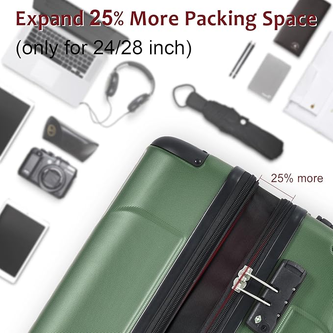 28 Inch Checked-Large Luggage, Lightweight ABS Hard Shell Suitcase with Spinner Wheels, Expandable Travel Luggage with Combination Lock & Side Hooks for Men Women (Green., 24)