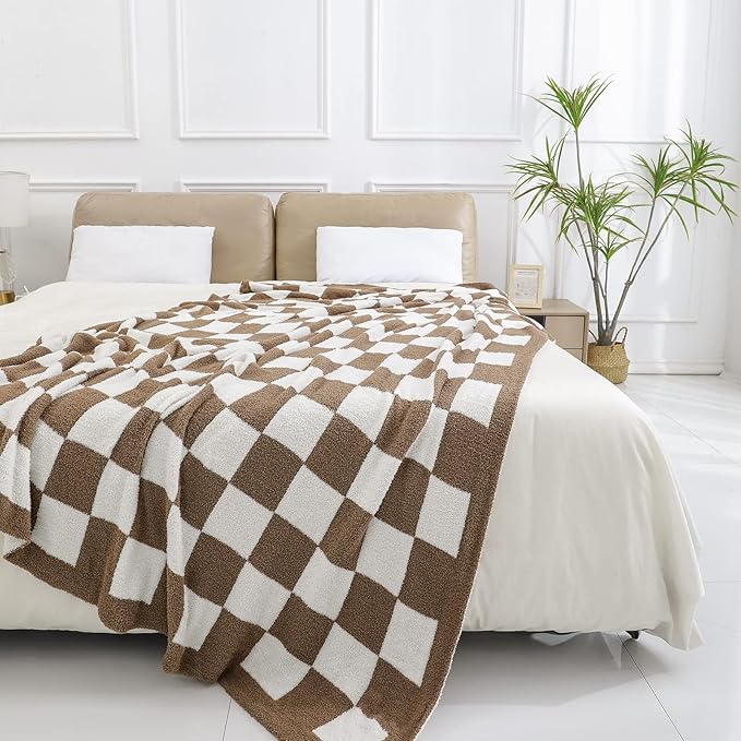 bearberry Fuzzy Checkerboard Grid Throw Blanket Knitted Soft Cozy Warm Microfiber Blanket Decor for Couch Sofa Bed Travel Home (Mocha, 40''x50'')