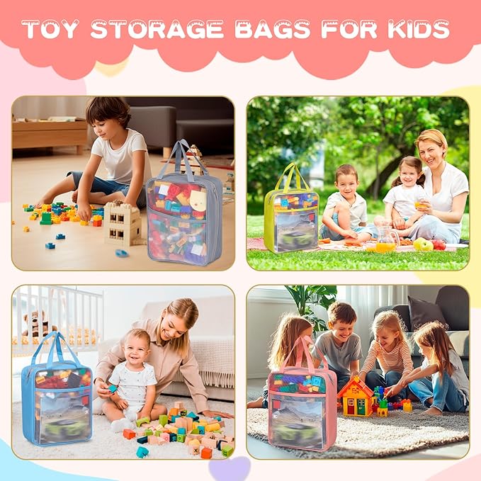 4 Pack Extra Large Mesh Toy Zipper Storage Bags(11.8 * 9.8 * 5.2in),Magnetic Tiles Block Sets Plush Toy Storage Organizer with Pockets, Travel Breathable See Through Colored Pouch with Handle