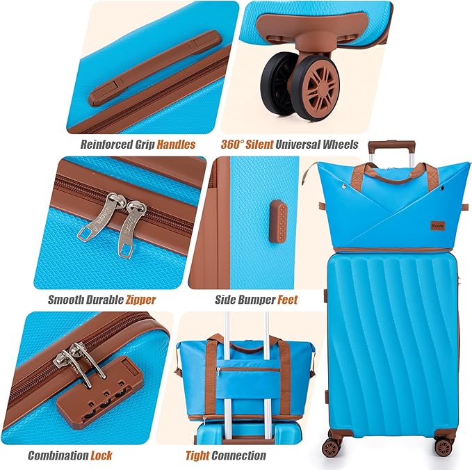 Carry on Luggage Sets 22x14x9 Airline Approved Durable Travel Luggage Suitcases with Wheels,ABS Hard Case Suitcases with Spinner Wheels,(SkyBlue,3 Piece Sets(20"/DB/TB))
