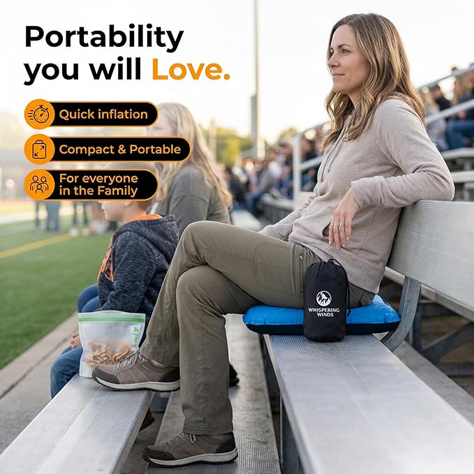 Whispering Winds Inflatable Seat Cushion - Comfortable Blow-up Foam Pad for Airplane, Travel, Stadium, Outdoors, Camping, Car & More