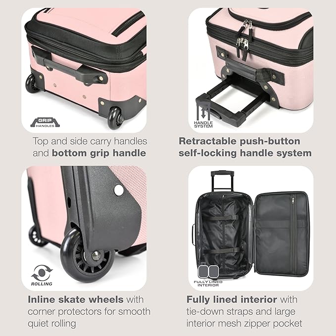 U.S. Traveler Rio Lightweight Softside Rolling Carry-on Suitcase, 2-Wheel Set, Pink