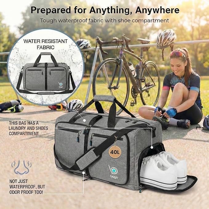 Bago Compact Duffle Bag for Travel Women & Men. Durable Lightweight Foldable Travel Duffel Bags For Traveling Women. 40L Duffle Bags a Reliable Weekender duffel or Overnight Bag With Shoe Compartment