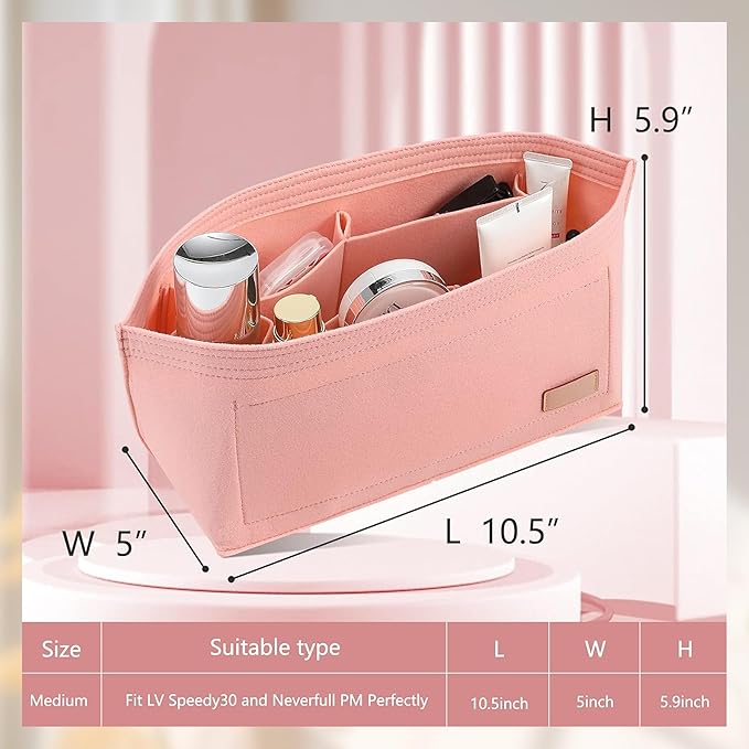 Purse Organizer Insert with Base Shaper Compatible with Neverfull PM and More, Bag Organizer for Luxury Tote Handbags, Pink, M