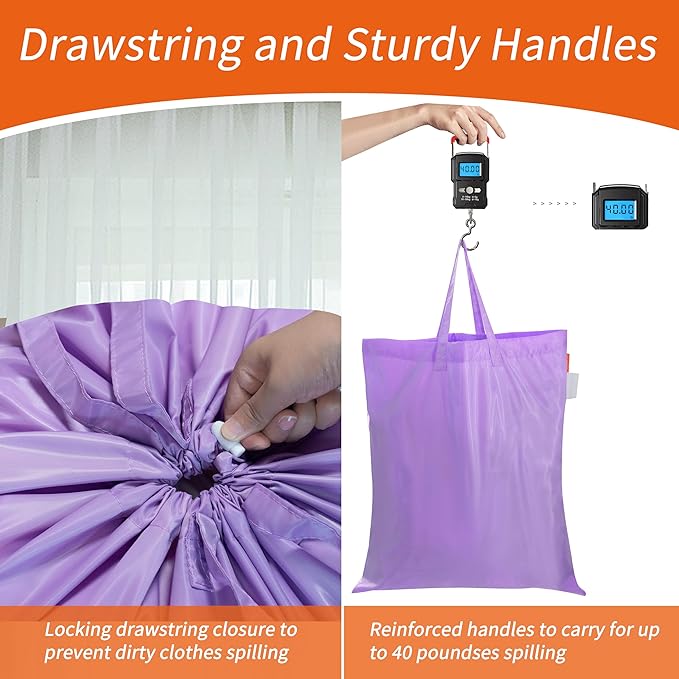 Polecasa Small Heavy Duty Laundry Bag with 130gsm Tear Resistant Fabric and Handles, Easy to Carry Durable Dirty Clothes Drawstring Bag, Perfect for College Dorm, Travel 21”x24”,Purple