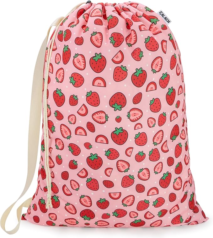 Canvas Laundry Bag with shoulder Strap 24"W x 29"H, Large Drawstring Dirty Clothes Bag Washable Laundry Sack for College Dorm, Travel, Home, Camp (Strawberry)