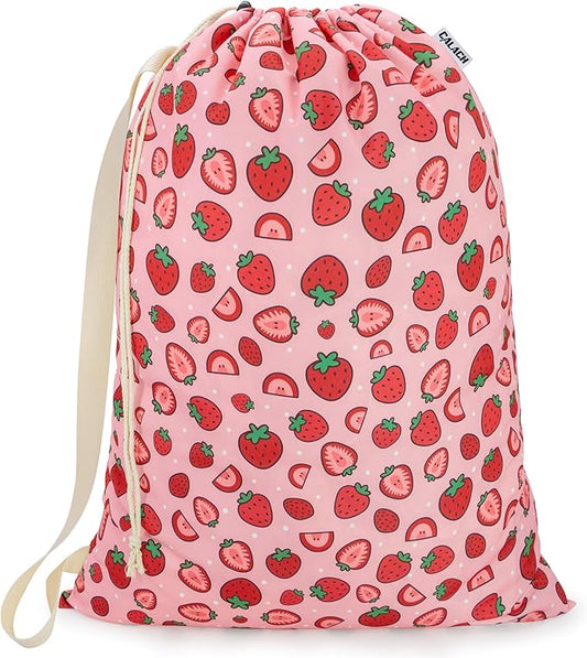 Canvas Laundry Bag with shoulder Strap 24"W x 29"H, Large Drawstring Dirty Clothes Bag Washable Laundry Sack for College Dorm, Travel, Home, Camp (Strawberry)