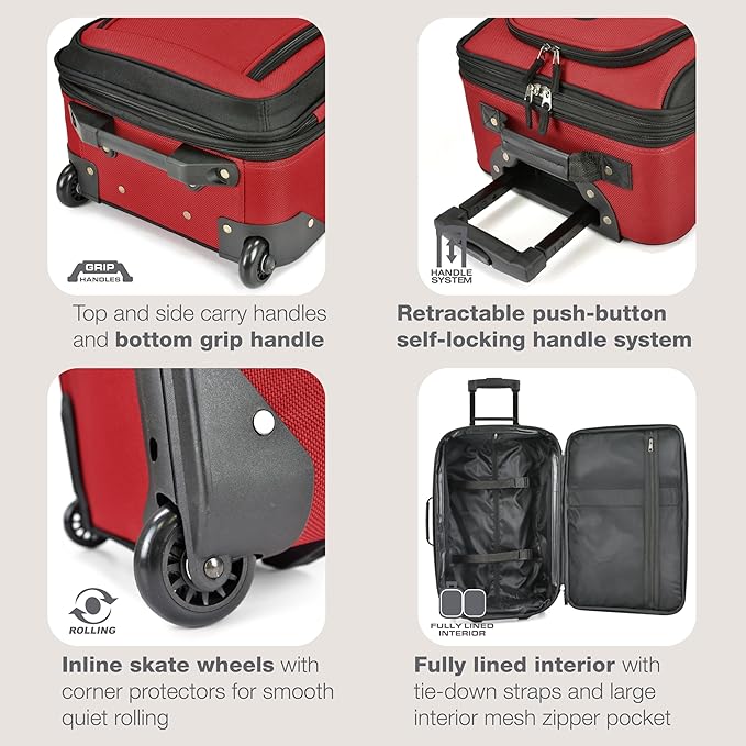 U.S. Traveler Rio Lightweight Softside Rolling Carry-on Suitcase, 2-Wheel Set, Red