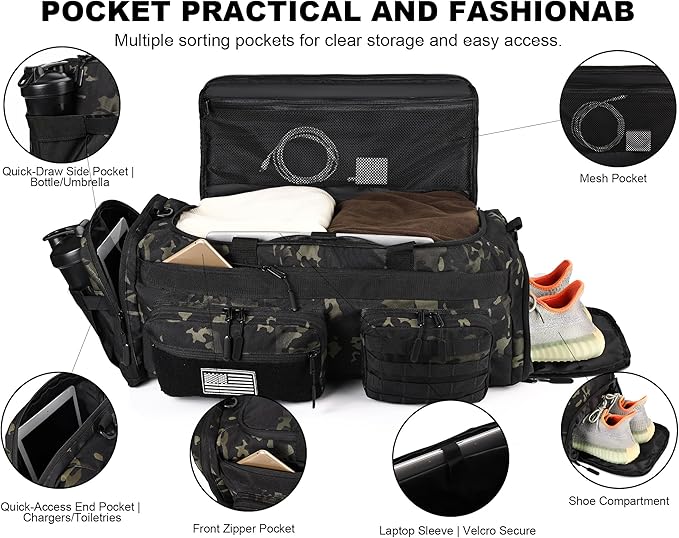 LHI 50L Tactical Duffle Bag for Men, 3-in-1 Gym Duffle and Backpack, Shoe Compartment, Laptop Sleeve and MOLLE, Carry-On Travel Weekender and Overnight Bag – Black CP Camo