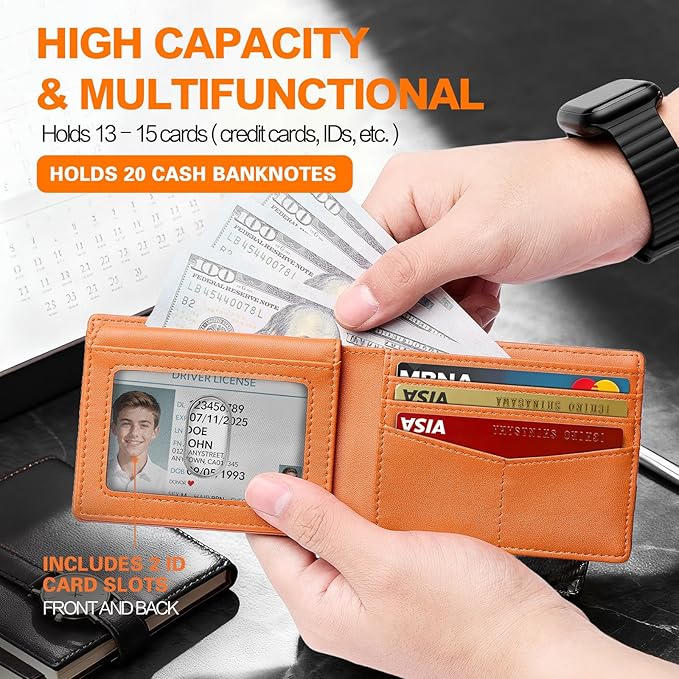Wallet for Men Slim RFID Blocking Bifold Carbon Fiber,Minimalist Small Compact Front Pocket Credit Card Holder,Thin Mens Leather Wallets Smart Security With 2 ID windows 1 Cash