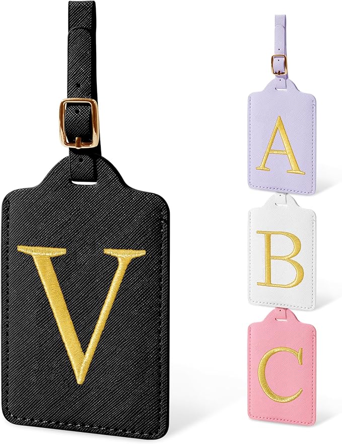 Unique Initial Letter Luggage Tags for Suitcases, Monogrammed Suitcase Luggage Identifier Tag,PU Leather TSA Approved Luggage Tags,Bag Tags for Men Women Kids Luggage Baggage(Black V)